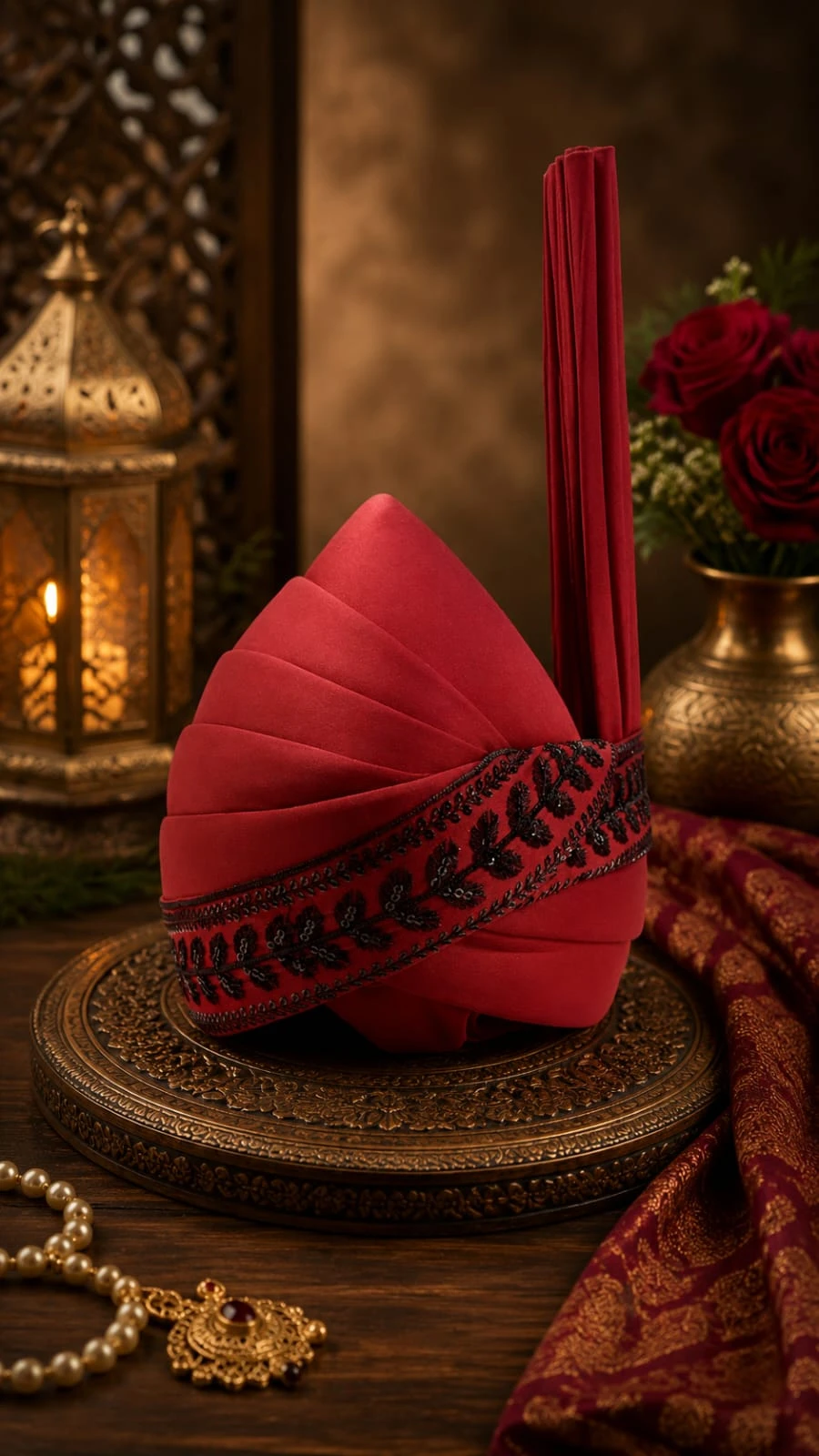The Crimson Crown Hand-Embroidered Groom's Turban (Kulla)