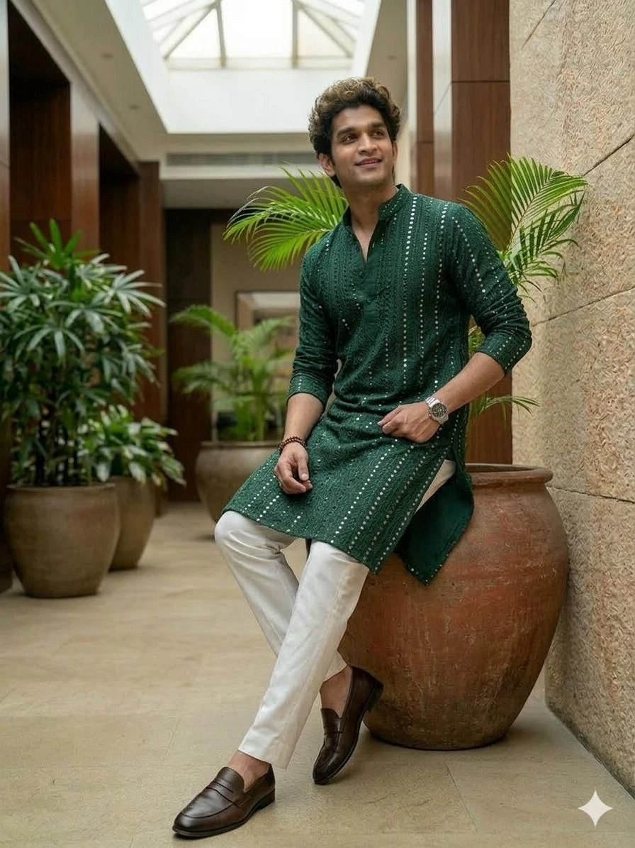 The Emerald Heritage Hand-Embroidered Chikankari Kurta
