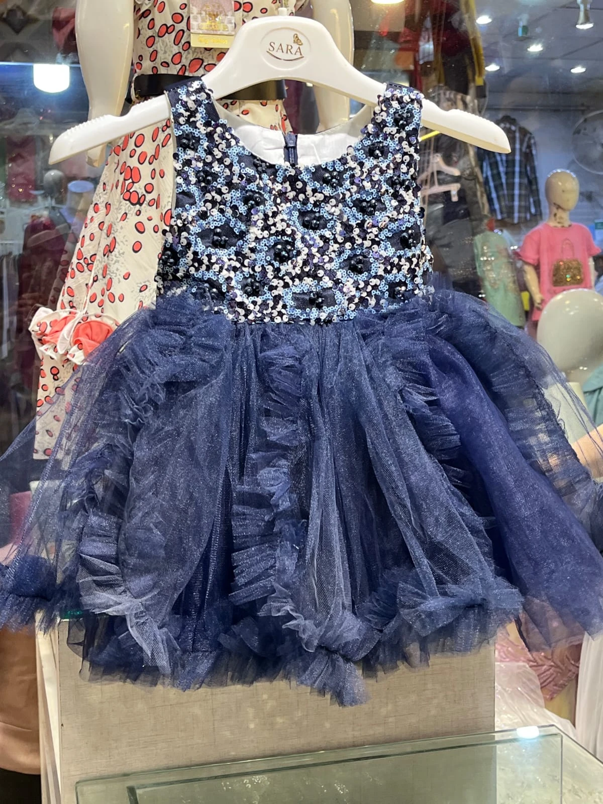 Navy Blue Sequined Bodice Ruffled Tulle Party Frock