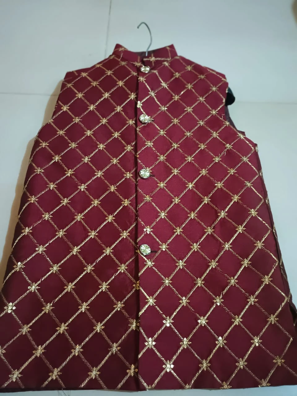 Boys' Maroon Gold Lattice Embroidered Ethnic Waistcoat (Ages 1–13 Yrs)