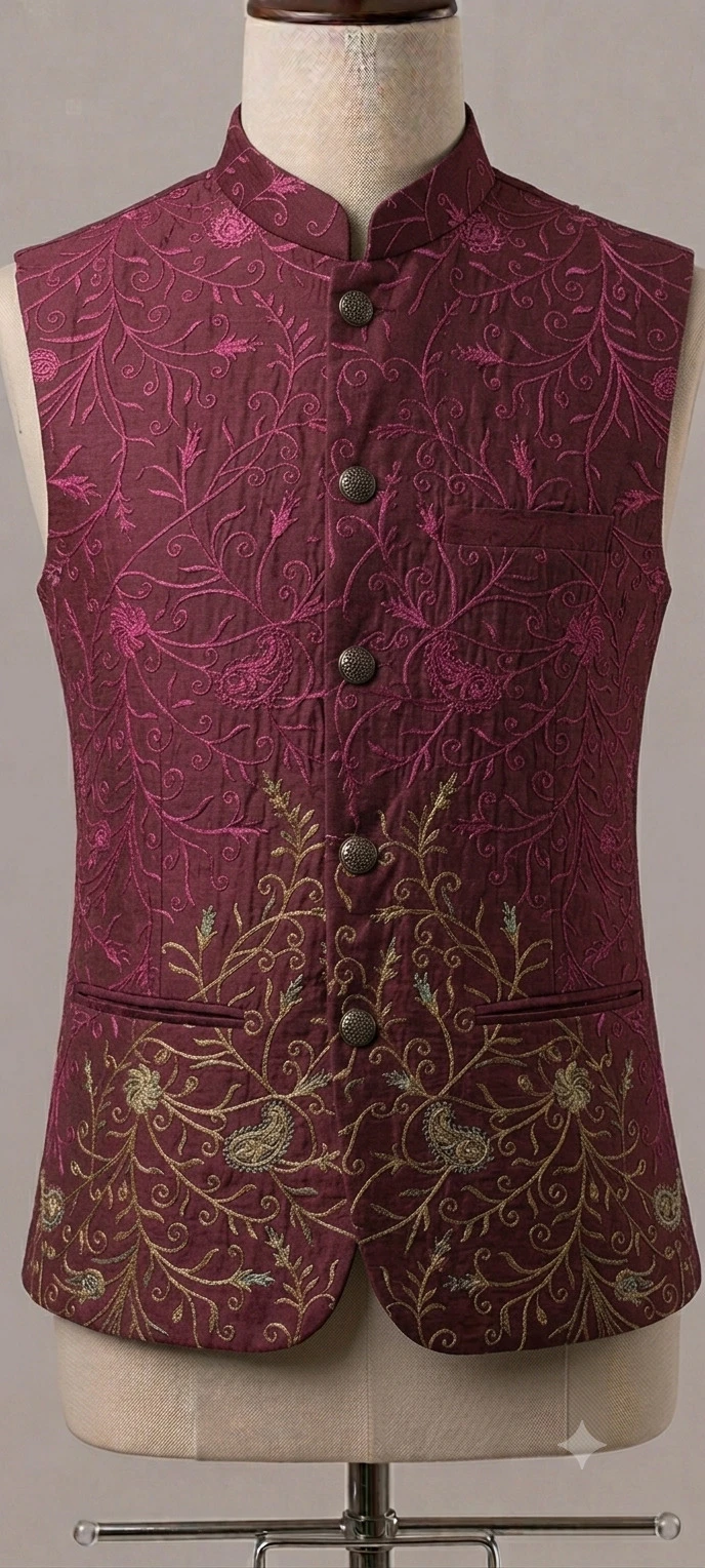 Men's Plum Maroon Embroidered Masuri Waistcoat
